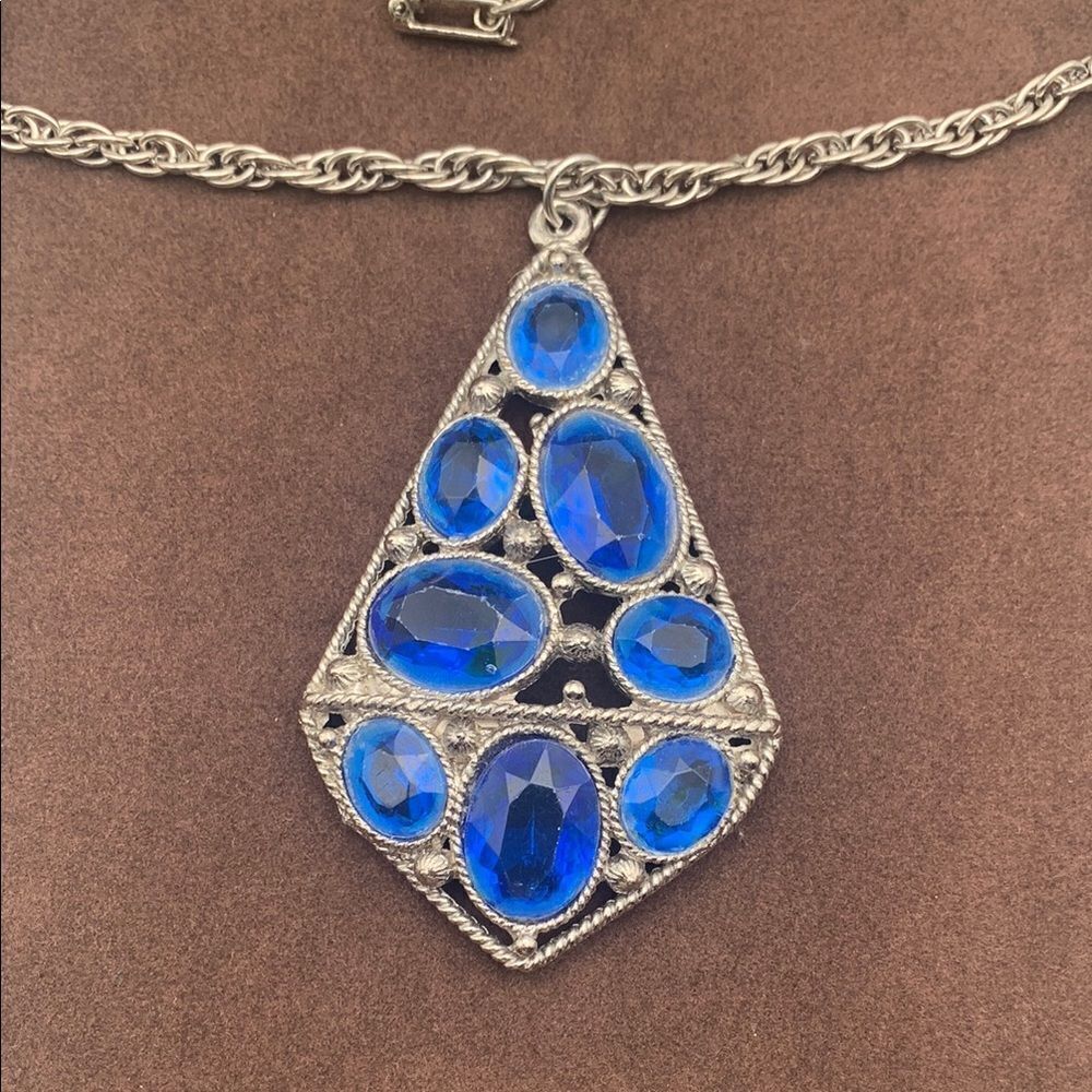 Vintage Ink Blue Crystal Pendant w/ Silver plate Necklace, Unmarked